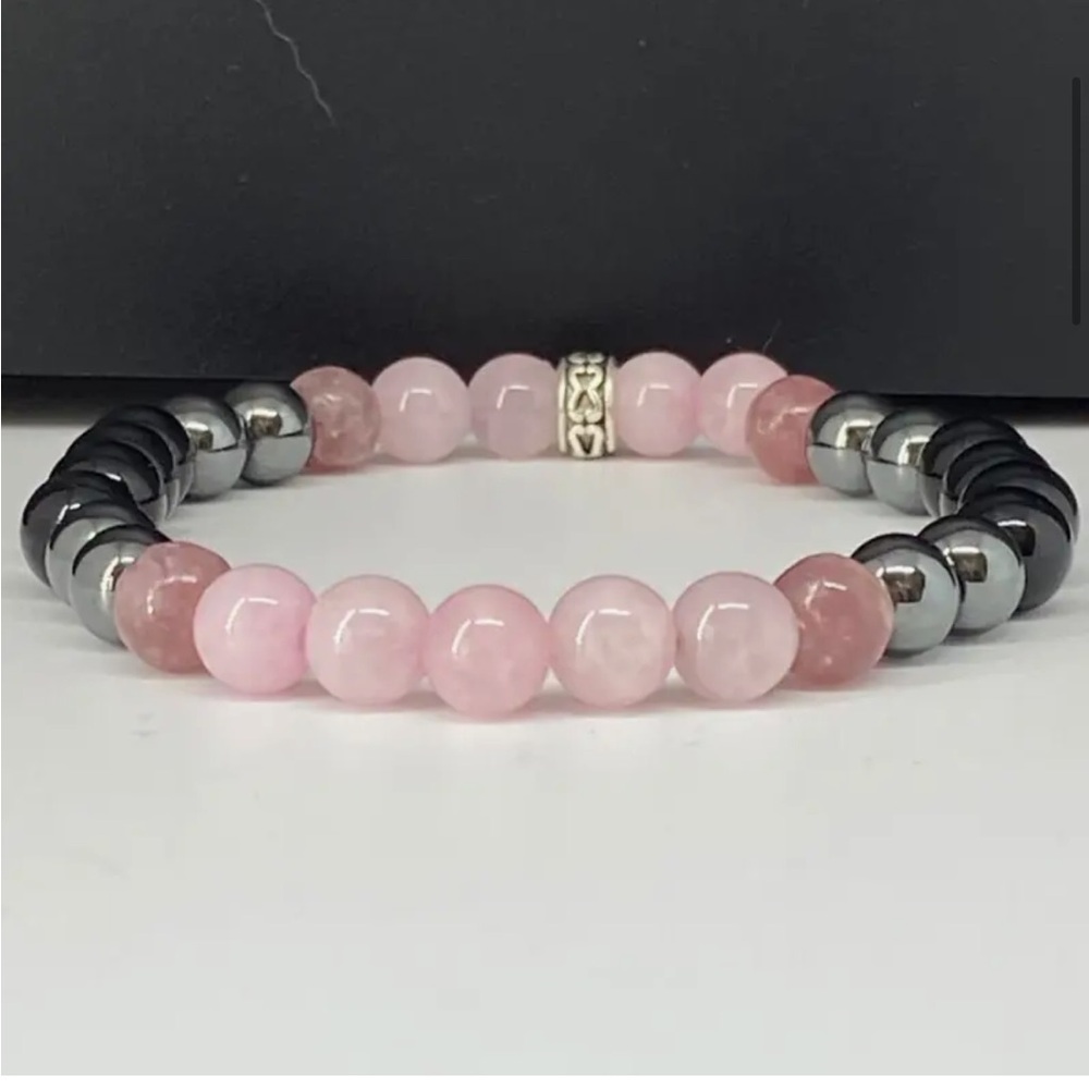Black Hematite Rose Quartz & Lepidolite Gemstone Bracelet-NEW